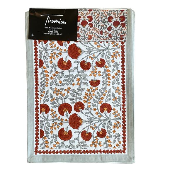 TIRAMISU Floral Block Printed Cotton 13x19 Placemats Set of 4 Orange | Sage NEW - Picture 1 of 5